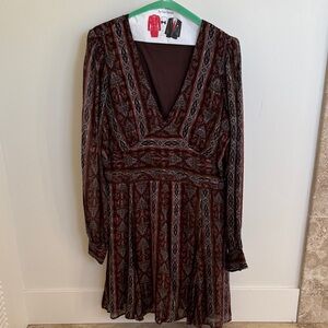 PAIGE Long Sleeve Dress with Deep V-Neck - Rich Brown and Black Pattern